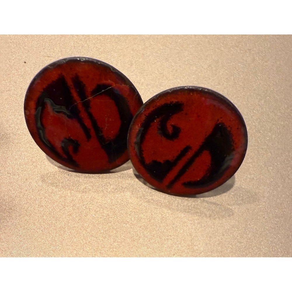 Vintage Enamel Cufflinks Red‎ Black Abstract Pattern Copper Tone Metal